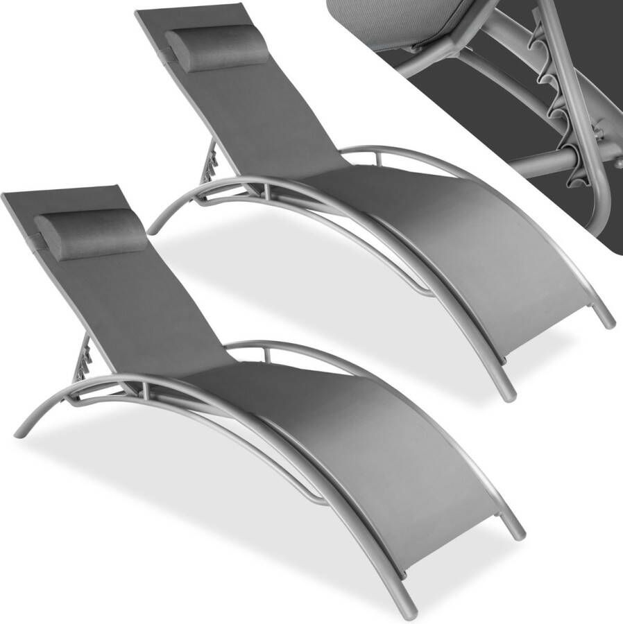 Tectake set van 2 tuinstoelen ligstoelen aluminium ligbedden weerbestendig ideaal voor tuin balkon terras inclusief hoofdkussen 5-voudig verstelbare rugleuning grijs