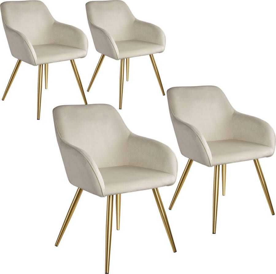 Tectake Set van 4 Eetkamerstoelen Comfortabele Fauteuils met Armleuningen Moderne Keukenstoelen Creme Goud