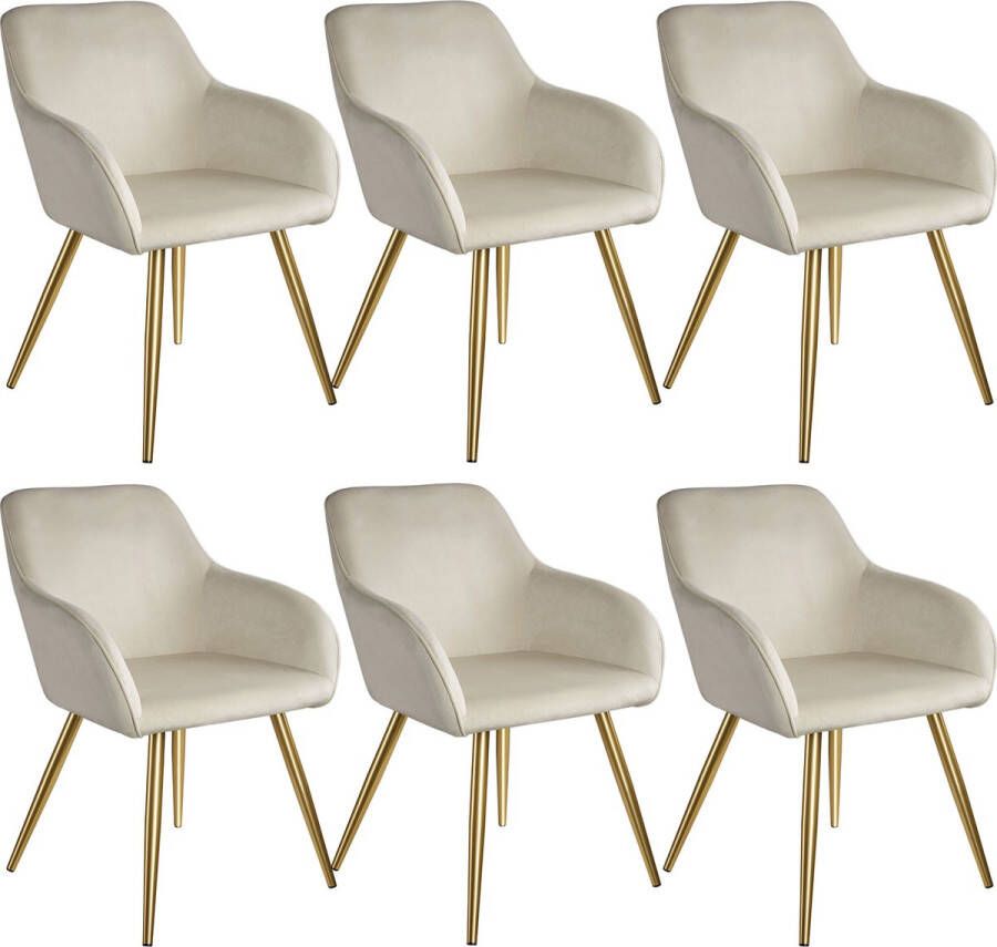 Tectake Set van 6 Eetkamerstoelen Comfortabele Fauteuils met Armleuningen Moderne Keukenstoelen Creme Goud