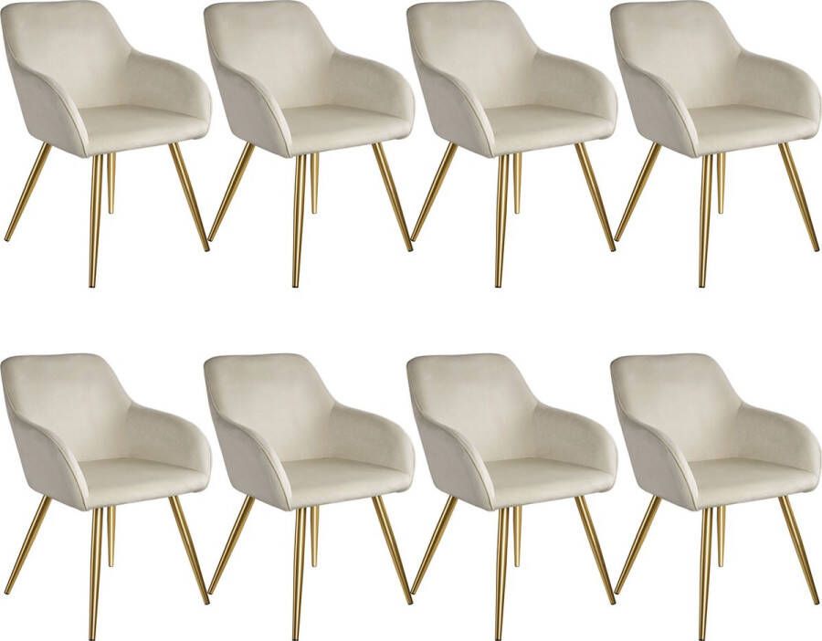 Tectake Set van 8 Eetkamerstoelen Comfortabele Fauteuils met Armleuningen Moderne Keukenstoelen Creme Goud