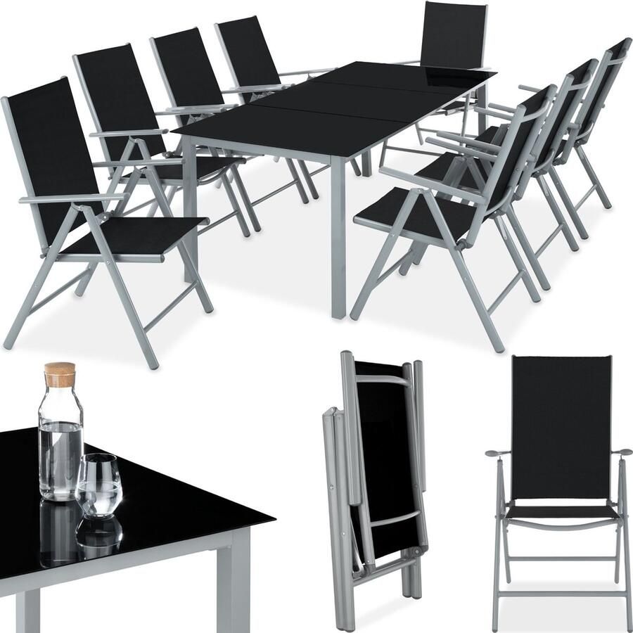 Tectake aluminium zitgroep 8+1 tuinmeubelset met stoelen en tafel opklapbare tuinstoelen tuintafel met veiligheidsglas weerbestendig terrasmeubilair voor tuin terras balkon zilvergrijs