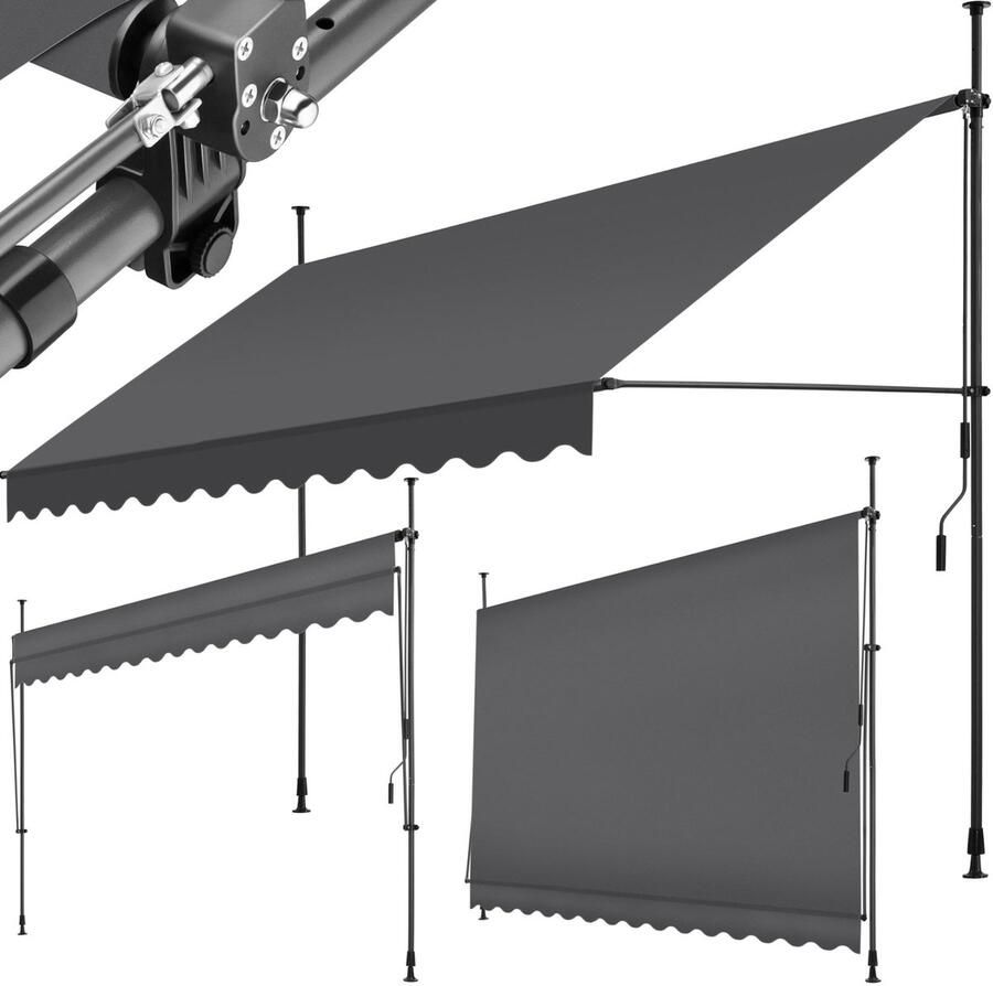 Tectake klemluifel Zonnescherm – Zonneluifel Verstelbaar Klem-zonwering Zonnescherm Balkon 350 x 180 cm zwartgrijs – zonwering 404968