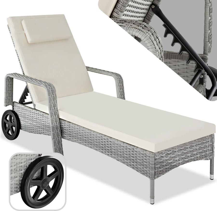 Tectake Wicker ligbed met compact rubberen wielen en armleuningen Rugleuning verstelbaar in 6 standen Incl. lig- en hoofdkussen Weerbestendig zonnebed lichtgrijs