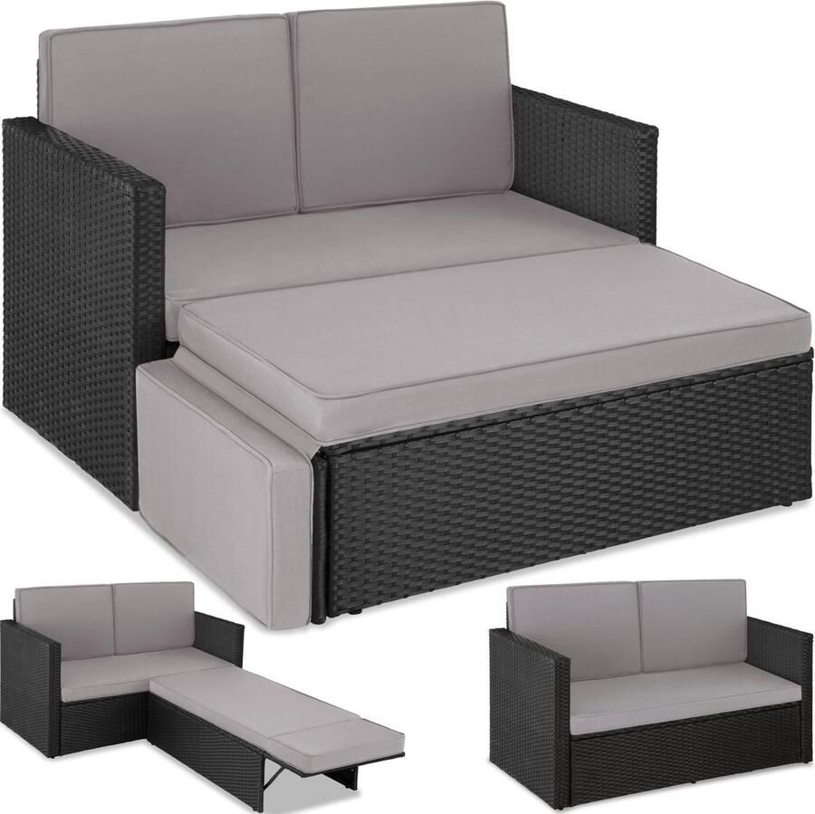 Tectake Wicker loungesofa tuinstoel ligbed bankstel 2-zits fauteuil met kruk en slaapfunctie kleine wicker bank als buitentuinmeubel voor lounge balkon en tuin opvouwbaar met kussens- zwart grijs