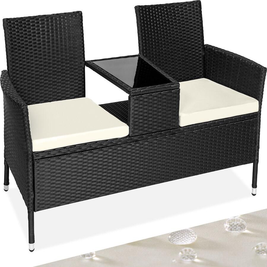 Tectake wicker tuinbank met tafel 2-zitsbank 131 x 61 x 82 cm bank voor tuinbalkon en terras tuinbank inclusief zitkussen zwart beige poly-rattan