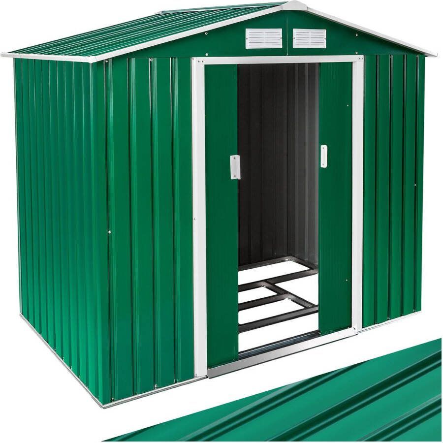 Tectake Tuinhuis van gegalvaniseerd staal met puntdak en metalen fundering Afsluitbaar weerbestendig buitenopslag voor fiets en gereedschap 214x130x185 cm groen wit