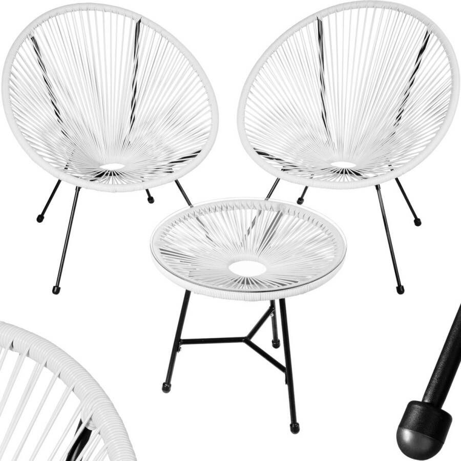 Tectake Tuinmeubel-bistroset 2 stoelen en 1 tafel Retro Egg Chairs in Acapulco-stijl Weerbestendig binnen- en buitengebruik Tuinset voor terras of balkon Wit