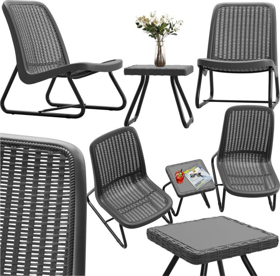 Tectake Tuinmeubelset voor 2 personen Buitenmeubels weerbestendig voor balkon Tuinloungeset Terrasmeubilair Zitgroep met 2x loungestoelen en 1x tuintafel bijzettafel rotan look grijs