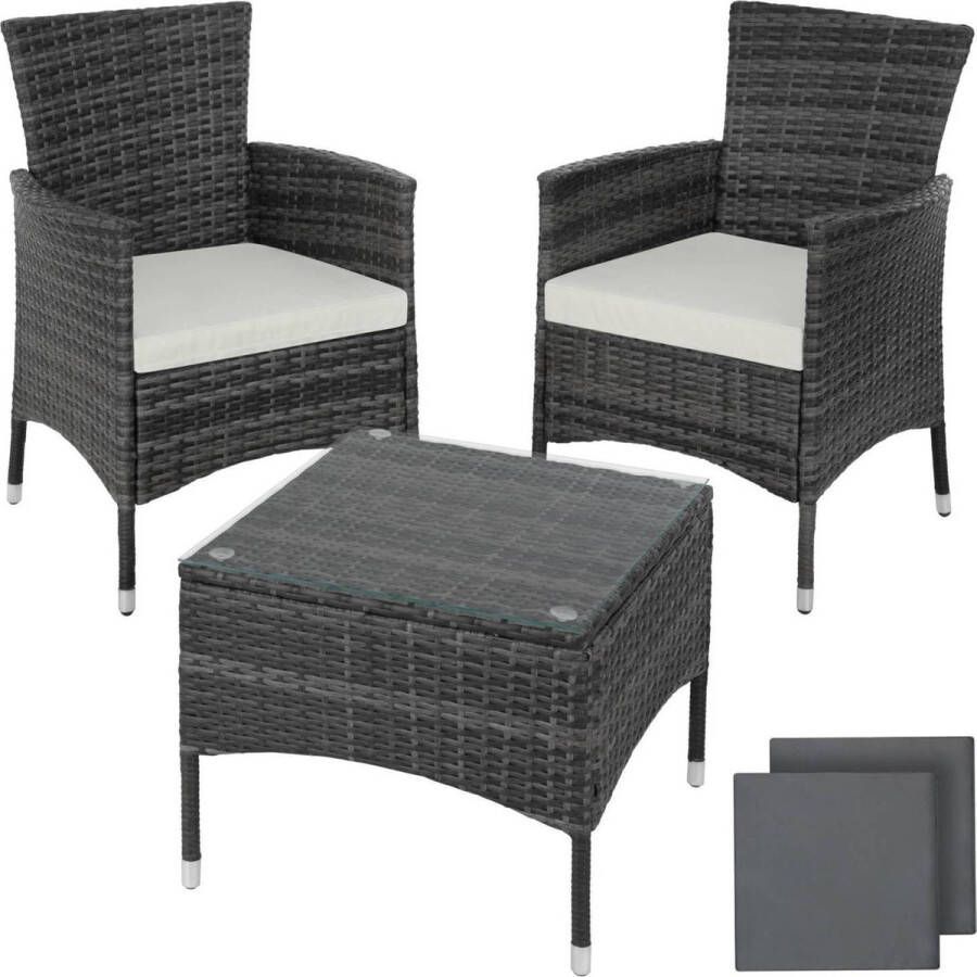 Tectake wicker meubelen tuinset met verwisselbare hoezen 2 stoelen en tafel met glazen blad 2x outdoor loungestoelen met armleuningen en tuintafel tuinmeubelset balkonmeubilair grijs poly-rattan
