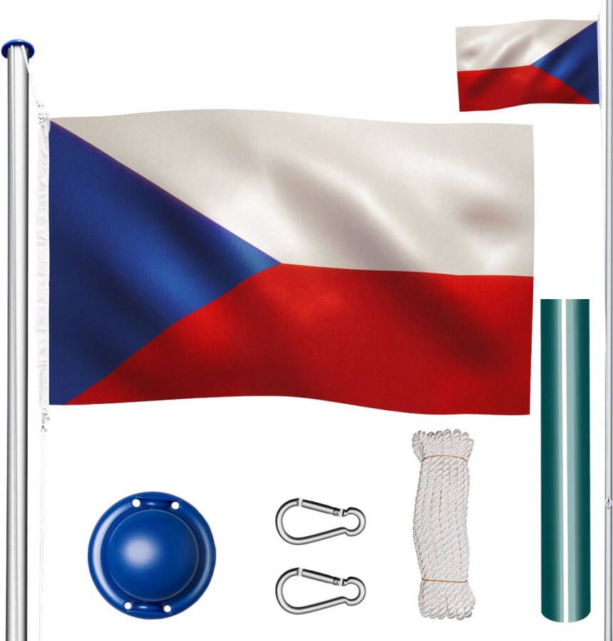 Tectake Vlaggenmast in hoogte verstelbaar aluminium incl. vlag Tsjechië max. hoogte 565cm 402858
