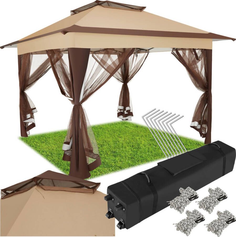 Tectake Vouwpaviljoen met Waterafstotend Dubbel Dak met UV-bescherming 364 x 364 x 294 cm Tuinpaviljoen met 4 Klamboe Zijpanelen Opvouwbaar Inclusief Transporttas op Wielen Bruin