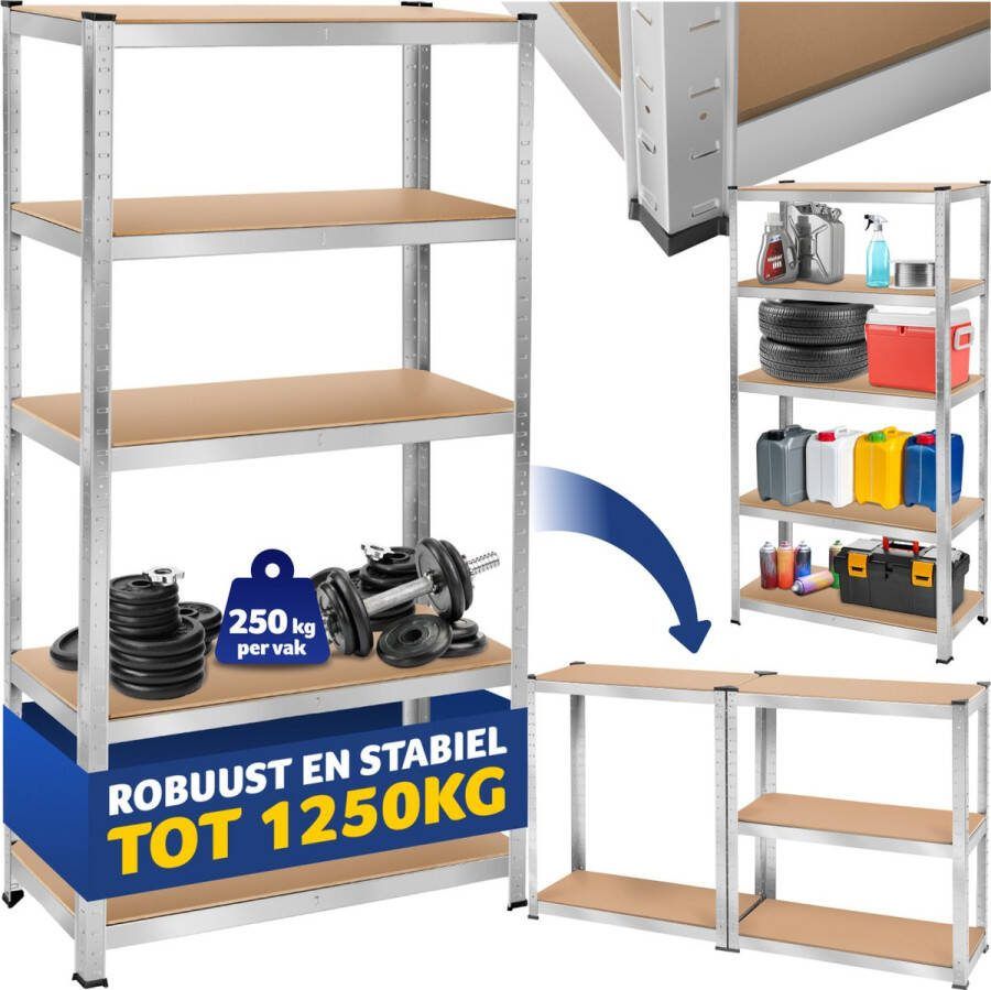 Tectake werkplaatsrek met 5 MDF-planken – opbergkast kelderkast stellingkast garagekast voor zware lasten -1250 kg