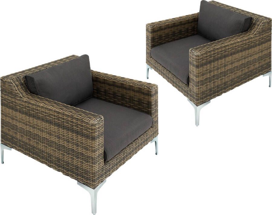 Tectake Wicker Aluminium Fauteuil Set van 2 Tuinfauteuils met 11 cm Kussens (85 x 89 x 72 cm) Outdoor Rotan Fauteuil voor Tuin Balkon Terras Modulair Weerbestendig Inclusief Bekleding Antraciet Gevlekt