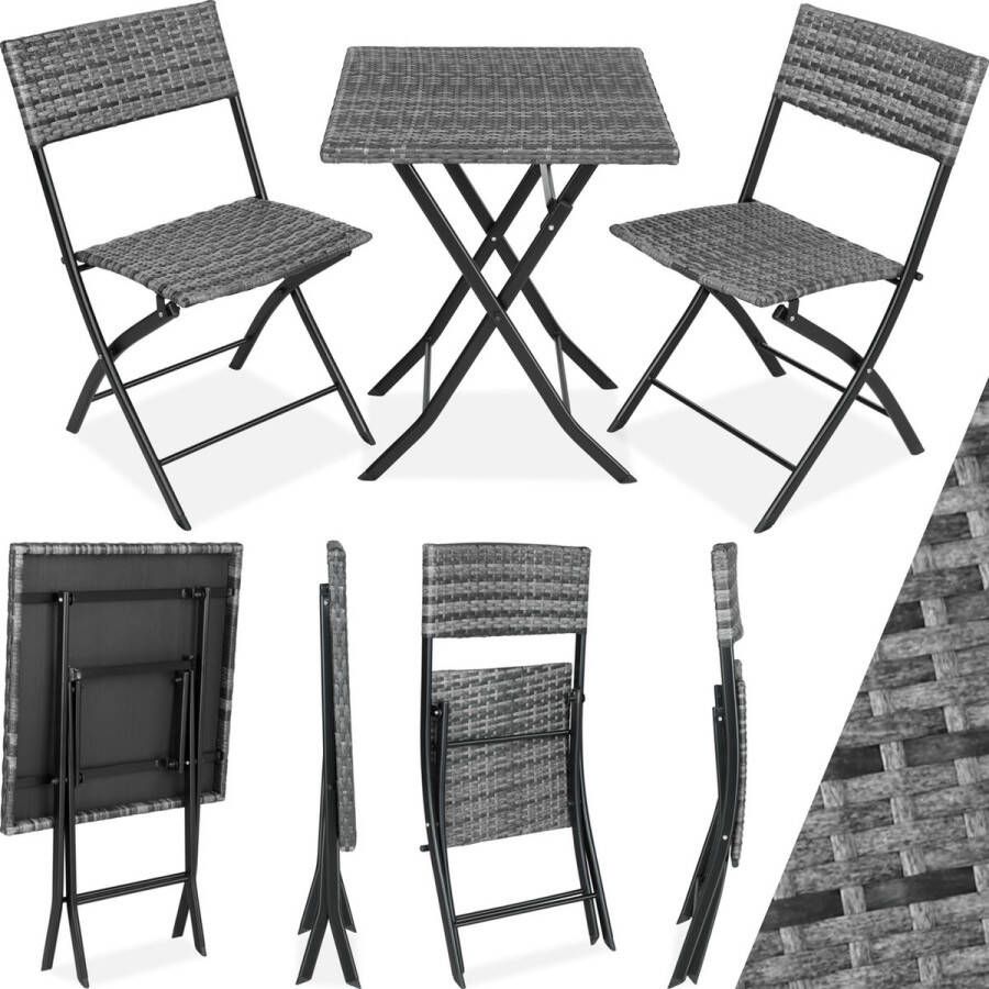 Tectake wicker balkon- of tuinbistroset zitgroep met 2 stoelen en 1 kleine eettafel ruimtebesparend opklapbaar tuinmeubelen balkonmeubel klein balkon grijs poly-rattan