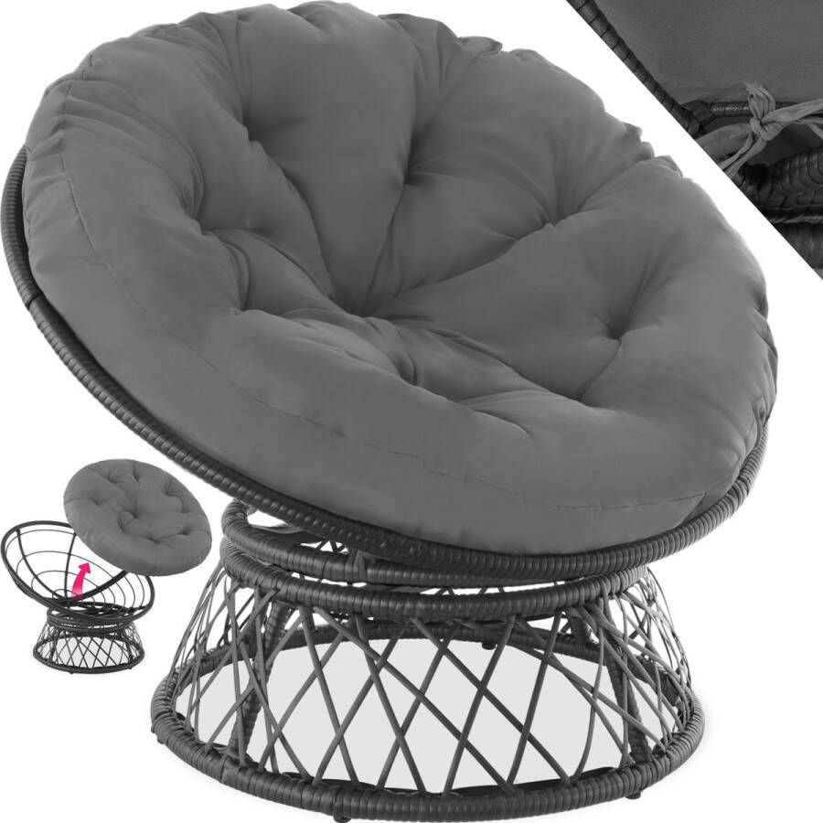 Tectake Wicker fauteuil papasan Draaistoel met rond dik kussen Loungestoel voor binnen of buiten zwart