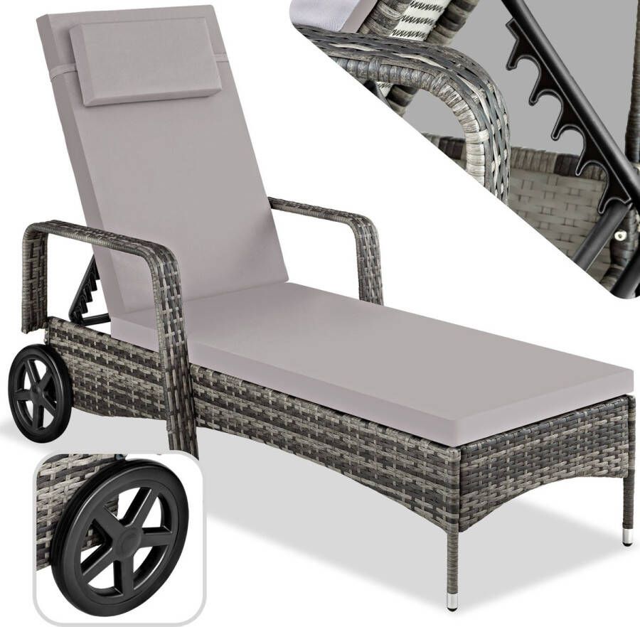 Tectake Aluminium Wicker Ligstoel met Armleuningen en Wielen Polyrotan Tuinligstoel voor Buiten met 6-voudig in Hoogte Verstelbare Rugleuning (tot 150 kg) Balkonmeubel of Tuinmeubel Grijs