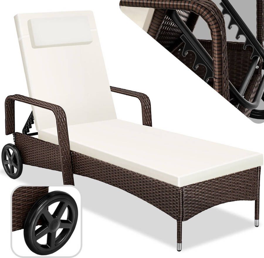 Tectake aluminium wicker ligstoel met armleuningen en wielen poly rotan tuinligstoel voor buiten met 6-voudig in hoogte verstelbare rugleuning (tot 150 kg) balkonmeubel of tuinmeubel bruin poly-rattan