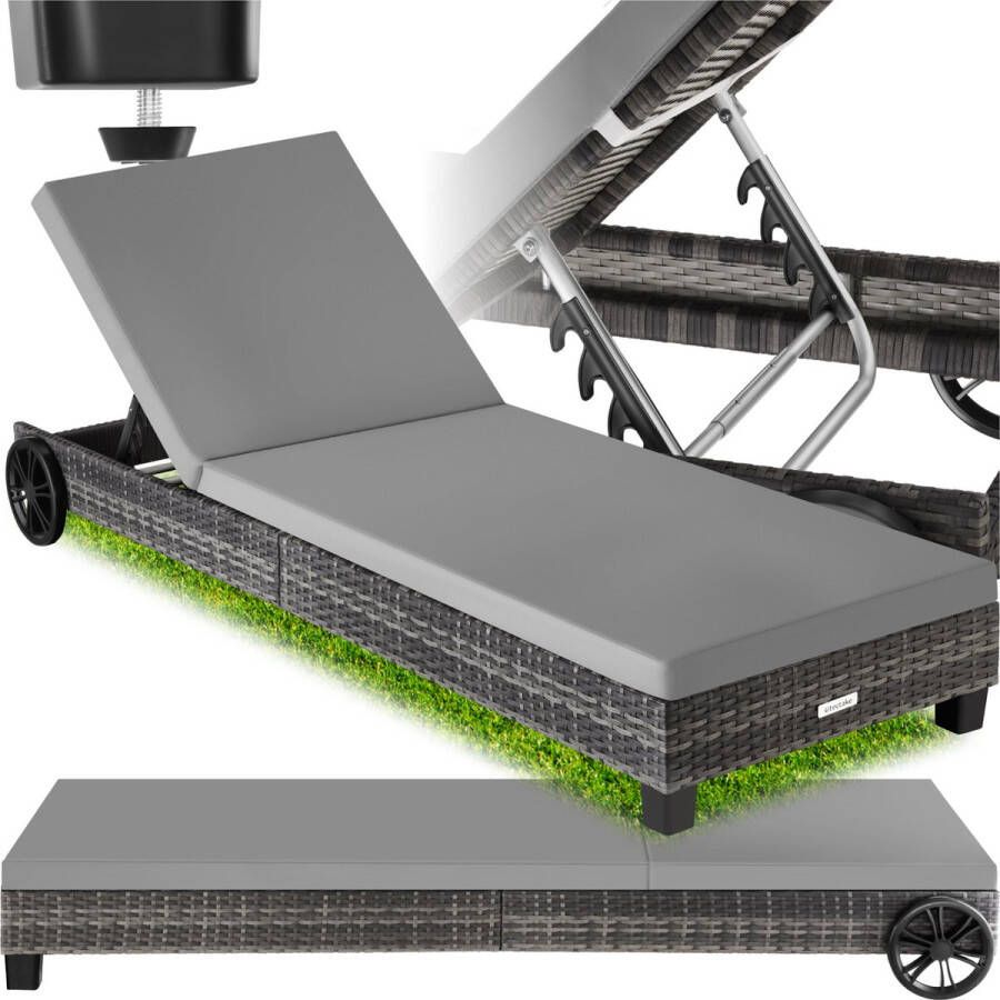 Tectake Wicker ligstoel Tuinligstoel weerbestendig met wielen en verstelbare rugleuning Strandligstoel tuin balkon Relaxligstoel Incl. kussen grijs