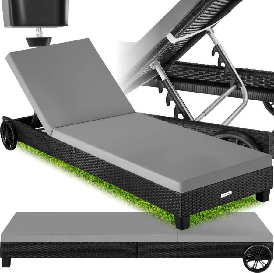 Tectake Wicker ligstoel Tuinligstoel weerbestendig met wielen en verstelbare rugleuning Strandligstoel tuin balkon Relaxligstoel Incl. kussen zwart