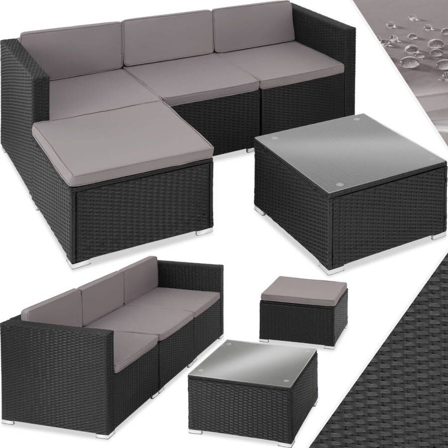 Tectake wicker Lounge buitenzitgroep set met bank fauteuil kruk tafel vrij combineerbaar zithoek voor 3-4 personen weerbestendig meubilair voor tuin terras balkon zwart poly-rattan