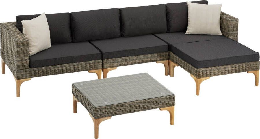 Tectake aluminium wicker lounge tuinmeubelbankset met hoekstoel fauteuil kruk en tafel buitentuinlounge met kussens en 2 sierkussens voor tuin terras balkon natuurkleur poly-rattan
