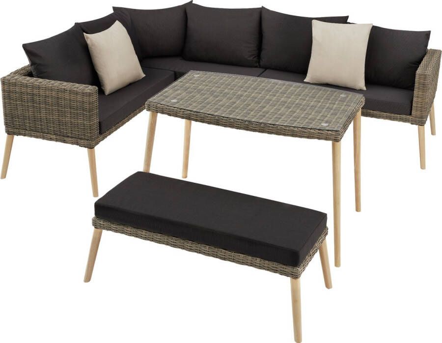 Tectake aluminium wicker lounge tuinmeubelset met hoekbank bank en tafel zitgroep voor tuinbalkonterras balkonmeubelbankstel met dikke kussens met sierkussens natuur poly-rattan