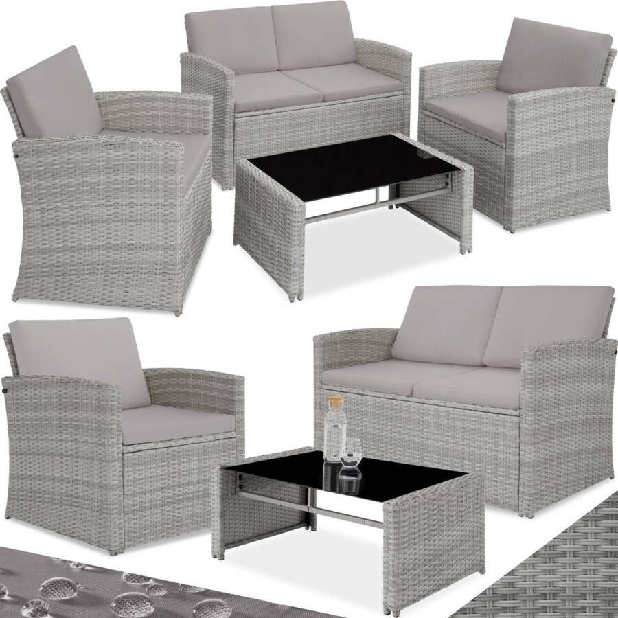 Tectake wicker Lounge tuinmeubelset voor de tuin meubilair voor het balkon 12-delige tuinlounge (weerbestendig) eetset met buitenbank fauteuil en tafel voor 4 personen lichtgrijs grijs poly-rattan