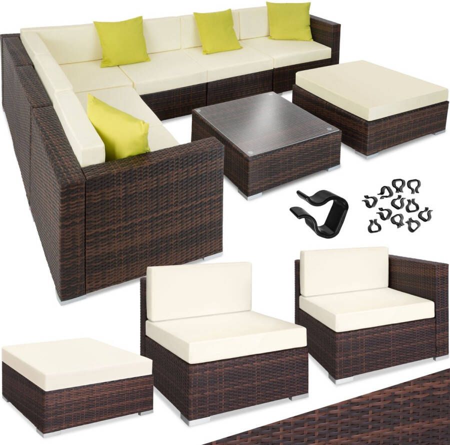 Tectake Wicker lounge tuinset loungemeubelset voor 6 personen grote zitgroep met L-bank en buiten tafel tuinmeubelen weerbestendig terrasmeubilair incl. hocker en kussens bruin mix