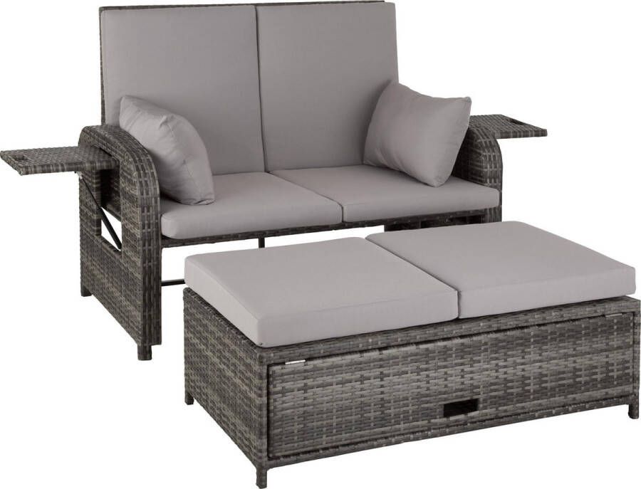Tectake wicker loungeset met kruk opbergruimte voor kussens 2-zitsbank bank met verstelbare rugleuning weerbestendig meubilair voor balkon tuin terras beschermhoes grijs poly-rattan