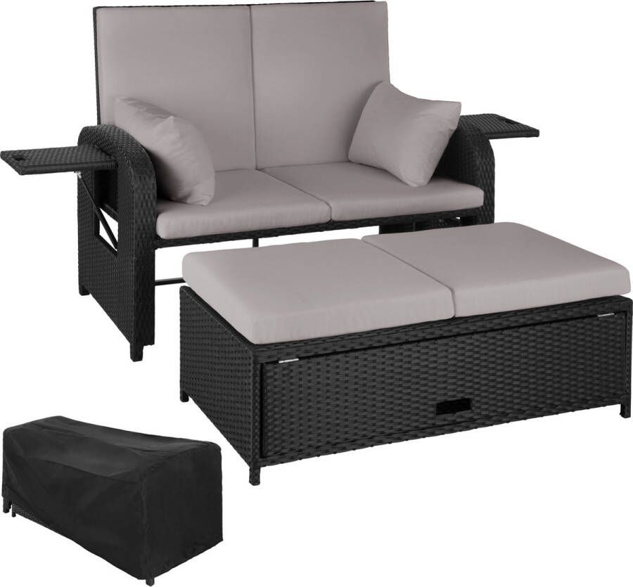 Tectake wicker loungeset met kruk opbergruimte voor kussens 2-zitsbank bank met verstelbare rugleuning weerbestendig meubilair voor balkon tuin terras beschermhoes zwart grijs