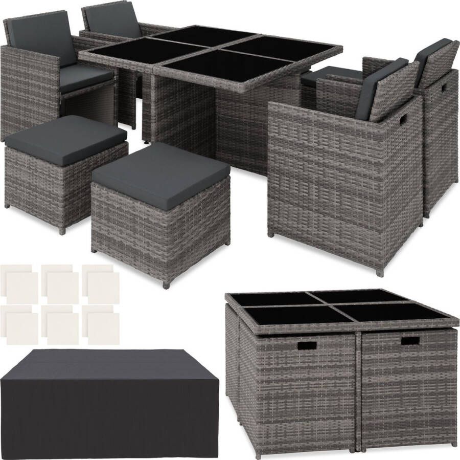 Tectake wicker loungemeubelset tuinset zitgroep 4x stoelen 4x krukken 1x tafel ruimtebesparend outdoor poly-rattan tuinmeubelen voor balkon tuin en terras met beschermhoes en afneembare kussenhoezen grijs