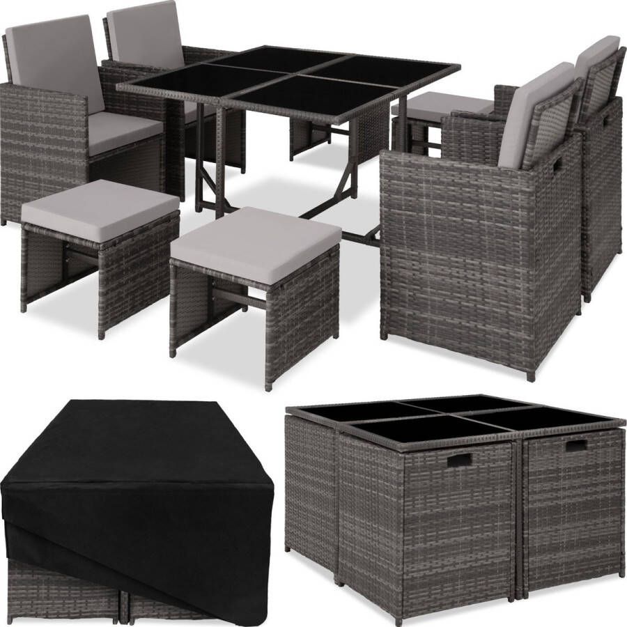 Tectake -wicker loungemeubelset zitgroep 4x stoelen 1x tafel 4x krukken weerbestendig en ruimtebesparend inclusief beschermhoes outdoor wicker tuinmeubelen voor balkon tuin en terras grijs poly-rattan