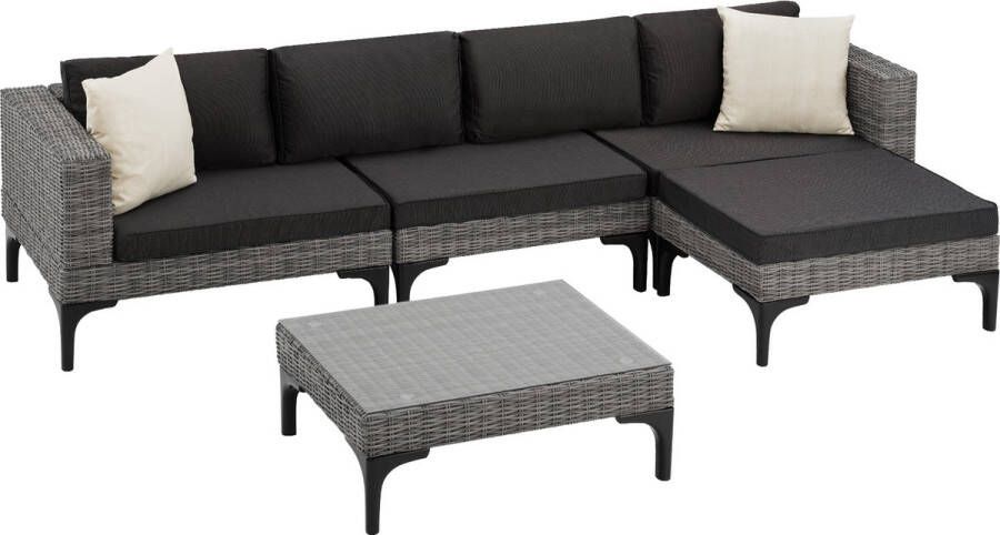 Tectake aluminium wicker lounge tuinmeubelbankset met hoekstoel fauteuil kruk en tafel buitentuinlounge met kussens en 2 sierkussens voor tuin terras balkon grijs poly-rattan