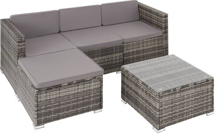 Tectake wicker Lounge buitenzitgroep set met bank fauteuil kruk tafel vrij combineerbaar zithoek voor 3-4 personen weerbestendig meubilair voor tuin terras balkon grijs poly-rattan