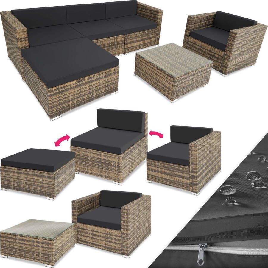 Tectake Wicker loungeset Milano luxe buitentuinmeubel inclusief zit- en rugkussens balkonmeubel tuinmeubelset met bank fauteuil en tafel met glasplaat natuurkleur