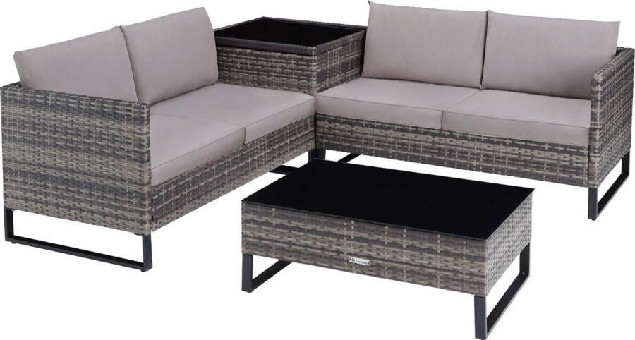 Tectake Wicker loungezitgroep tuinmeubelset met bank Tafel met glazen blad opbergbox Weerbestendig Tuin- balkon- terras- of wintertuinmeubels grijs