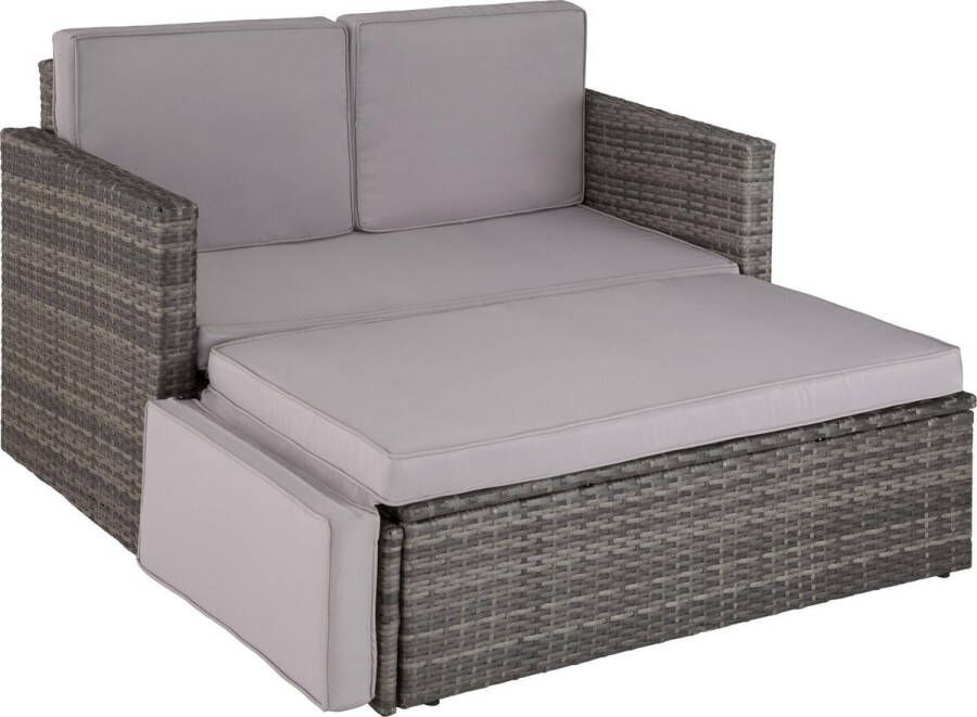 Tectake Wicker loungesofa tuinstoel ligbed bankstel 2-zits fauteuil met kruk en slaapfunctie kleine wicker bank als buitentuinmeubel voor lounge balkon en tuin opvouwbaar met kussens- grijs poly-rattan