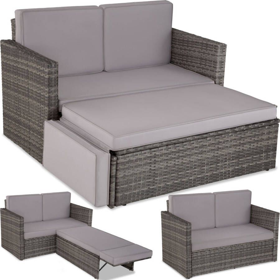 Tectake Wicker loungesofa tuinstoel ligbed bankstel 2-zits fauteuil met kruk en slaapfunctie kleine wicker bank als buitentuinmeubel voor lounge balkon en tuin opvouwbaar met kussens- grijs poly-rattan