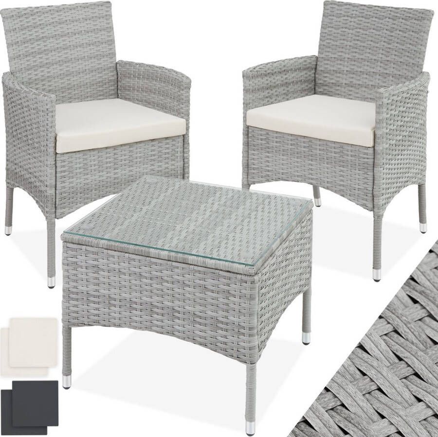 Tectake wicker meubelen tuinset met verwisselbare hoezen 2 stoelen en tafel met glazen blad 2x outdoor loungestoelen met armleuningen en tuintafel tuinmeubelset balkonmeubilair lichtgrijs poly-rattan