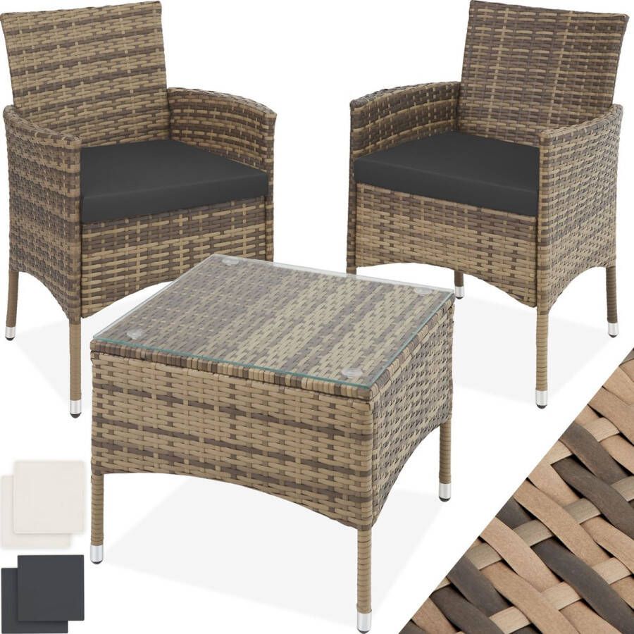 Tectake wicker meubelen tuinset met verwisselbare hoezen 2 stoelen en tafel met glazen blad 2x outdoor loungestoelen met armleuningen en tuintafel tuinmeubelset balkonmeubilair natuurkleur poly-rattan