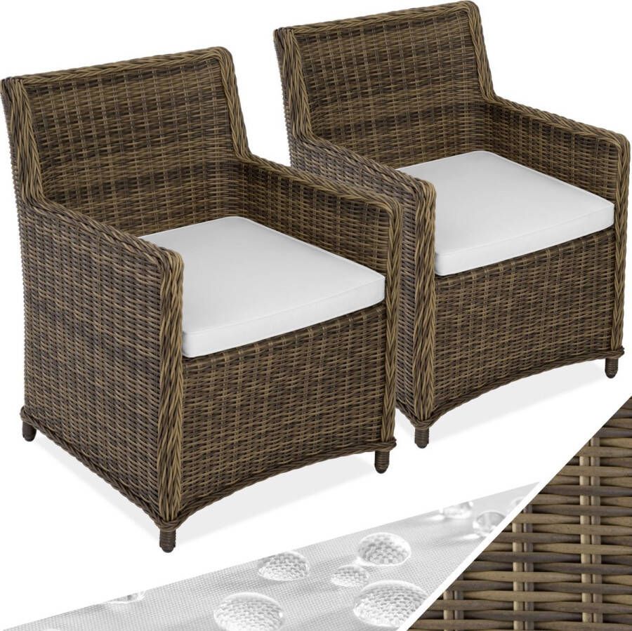 Tectake Wicker Poly Rotan Rieten Stoelen Set van 2 Stoelen Tuinstoelen Balkonmeubilair Weerbestendig Draagvermogen tot 120 kg 60 5 x 60 5 x 85 cm Buitenfauteuil voor Tuin Balkon Terras Bruin