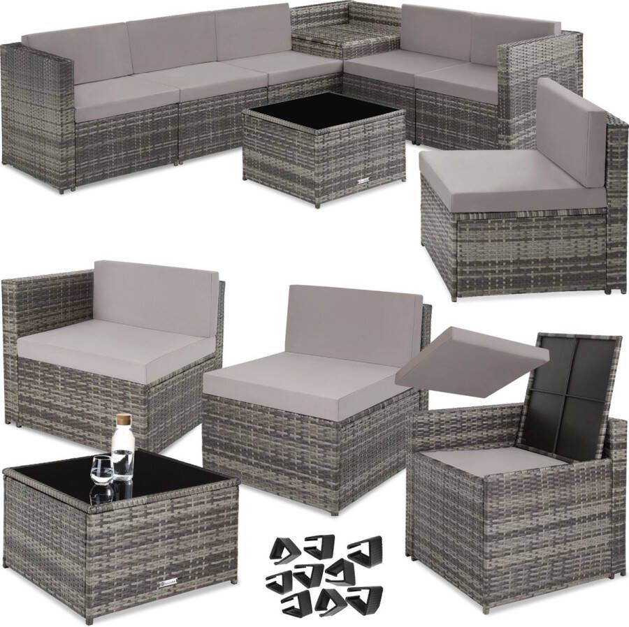 Tectake -wicker tuinlounge loungeset tuinset vrij te groeperen balkonmeubels tuinmeubelset incl. bijzettafel opbergbox en zit- en rugkussens grijs poly-rattan