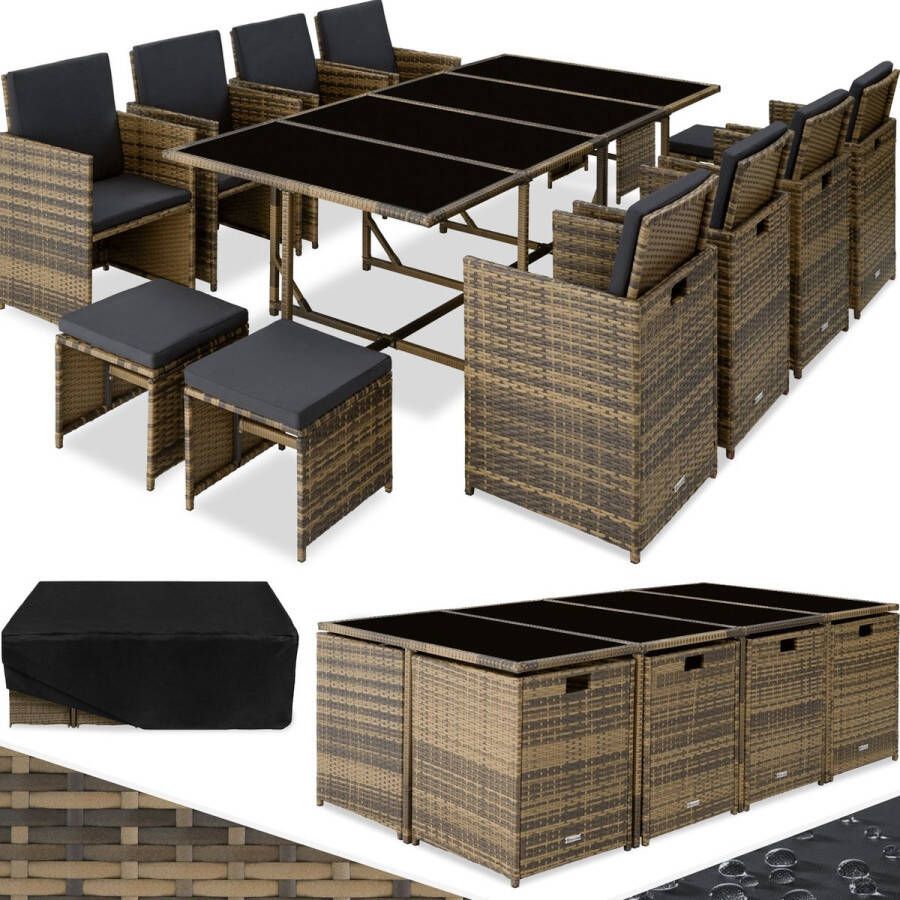 Tectake Wicker tuinloungeset Polyrotan tuinmeubelset 8+4+1 zitgedeelte 8 stoelen 4 krukken 1 tafel Incl. beschermhoes voor tuin balkon terras natuur donkergrijs