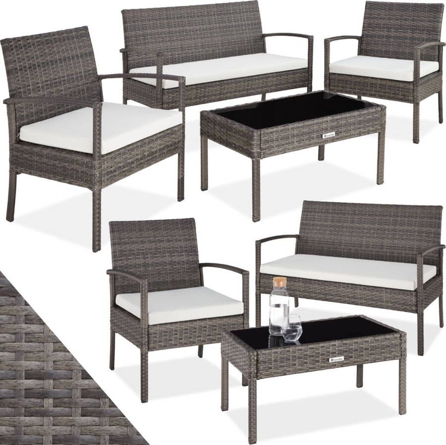 Tectake wicker tuinmeubelen weerbestendig tuinset met 2x fauteuils 1x tuinbank 1x tafel outdoor loungemeubelset voor tuin terras en balkon grijs poly-rattan