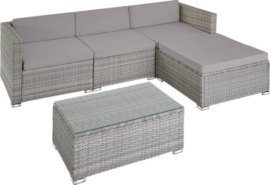 Tectake wicker lounge inclusief zitkussens rugkussens en glazen tafel balkonmeubel lounge tuinmeubelset voor terras balkon of tuin lichtgrijs grijs poly-rattan