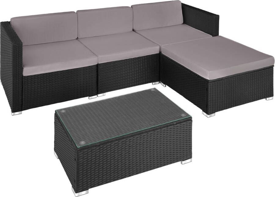 Tectake wicker lounge inclusief zitkussens rugkussens en glazen tafel balkonmeubel lounge tuinmeubelset voor terras balkon of tuin zwart grijs poly-rattan