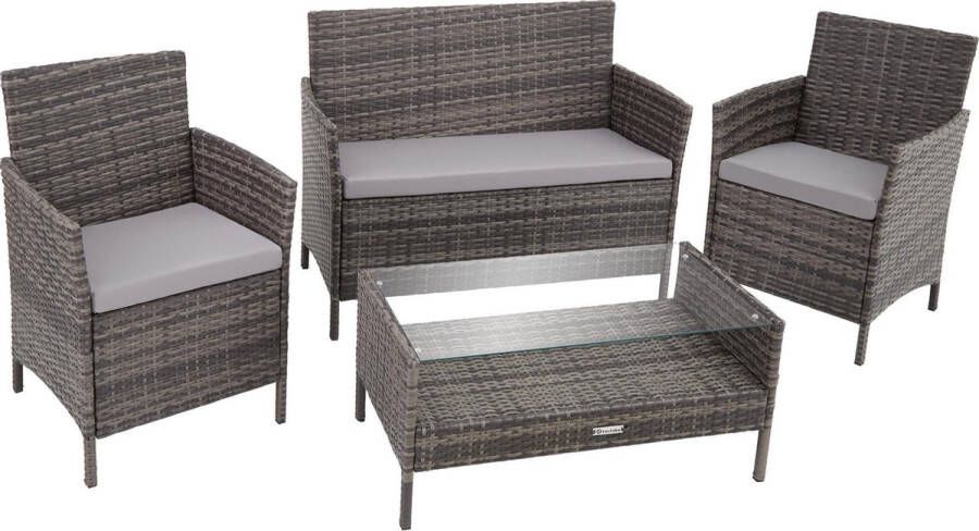 Tectake 4-delige wicker zitgroep lounge tuinmeubelset met bank en tafel met glazen blad buiten-eetgroep voor tuin en balkon vrij te groeperen loungemeubels weerbestendig grijs poly-rattan