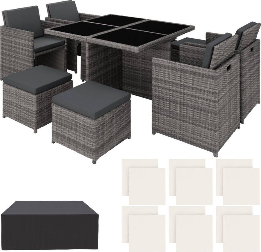 Tectake wicker loungemeubelset tuinset zitgroep 4x stoelen 4x krukken 1x tafel ruimtebesparend outdoor poly-rattan tuinmeubelen voor balkon tuin en terras met beschermhoes en afneembare kussenhoezen grijs
