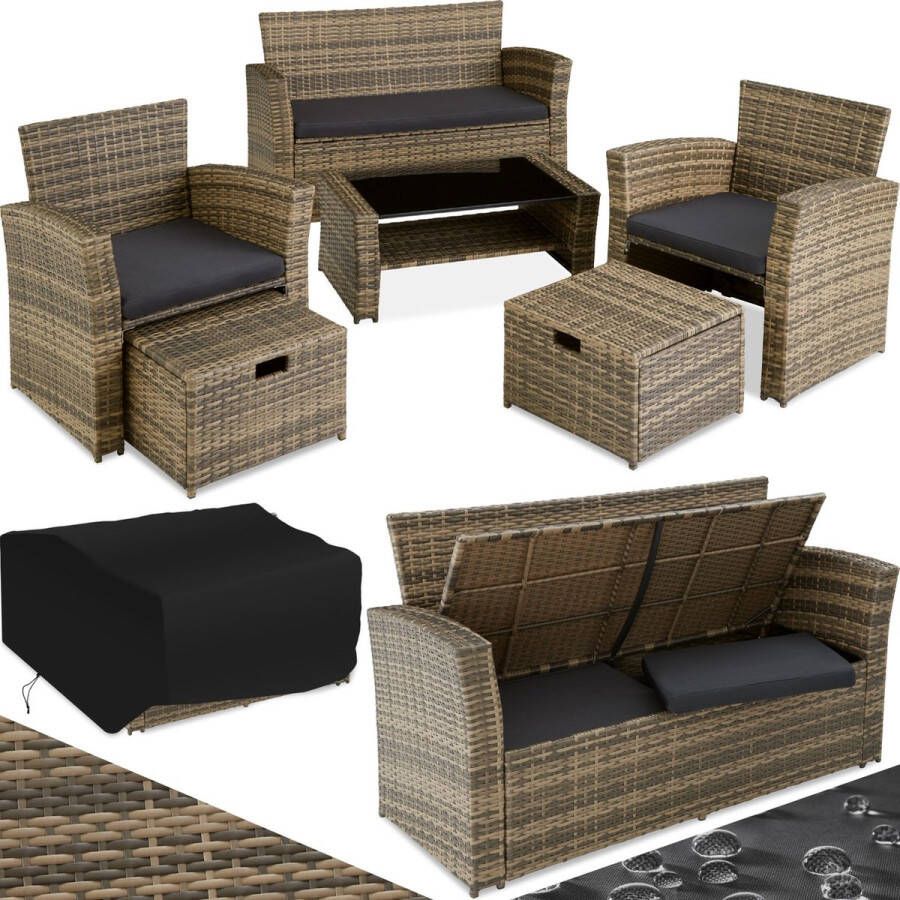 Tectake wicker tuinzitgroep voor 4 personen met kruk poly rotan tuinmeubelset met ingebouwde opbergbox in de bank natuurkleur incl. beschermhoes poly-rattan