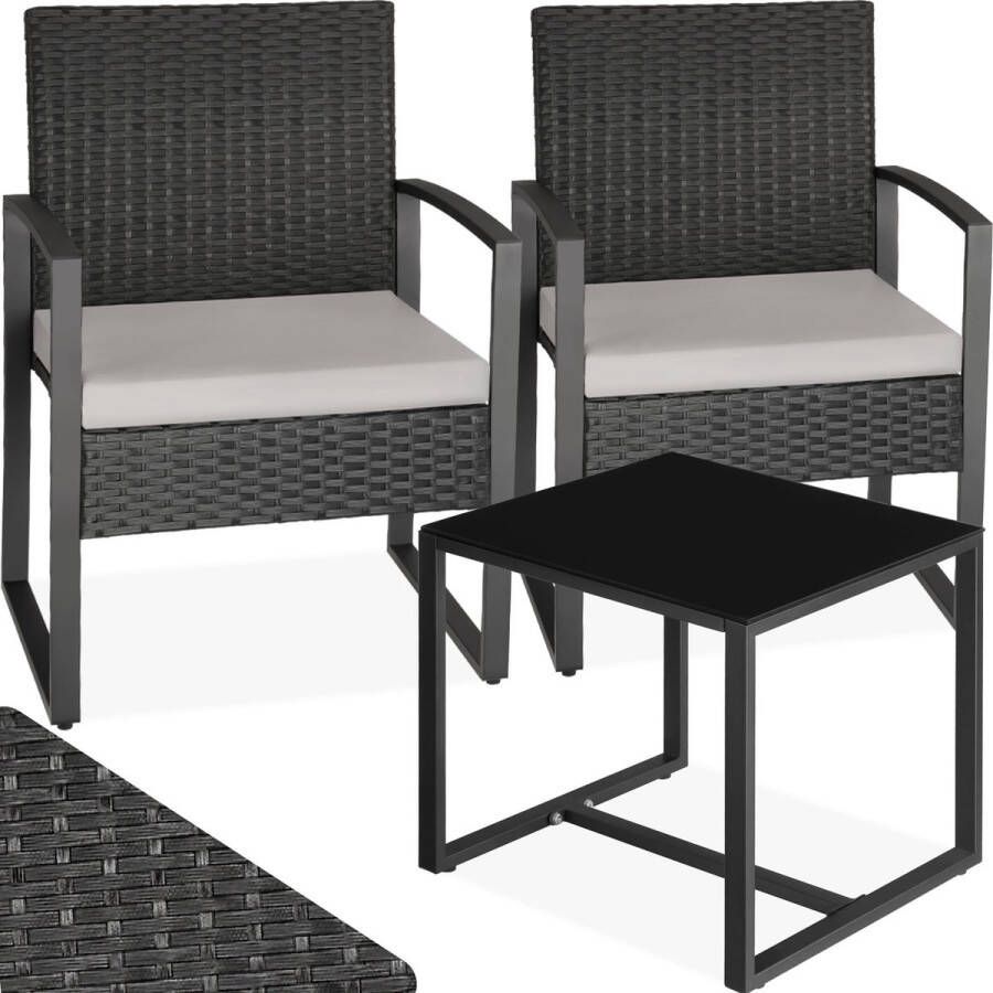 Tectake wicker zitgroep 2x fauteuils met tafel balkonmeubelset tuinmeubelen balkonmeubilair kleine lounge gestoffeerde stoelen inclusief buitentuintafel weerbestendig zwart poly-rattan